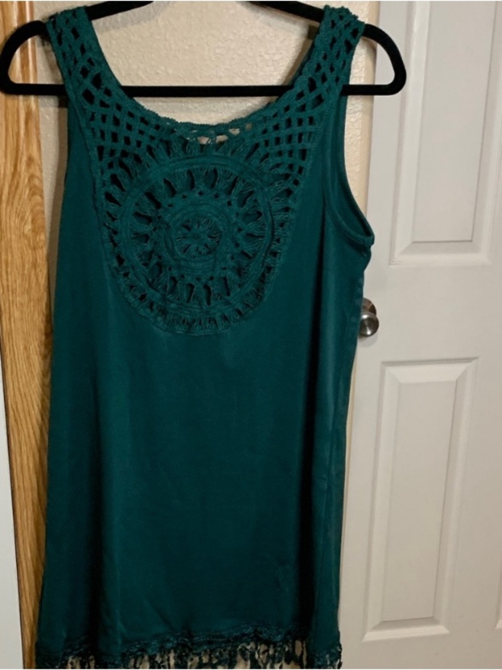 BOHO Crochet Hem Sleeveless Tank Dress Hunter Green - Picture 6 of 7